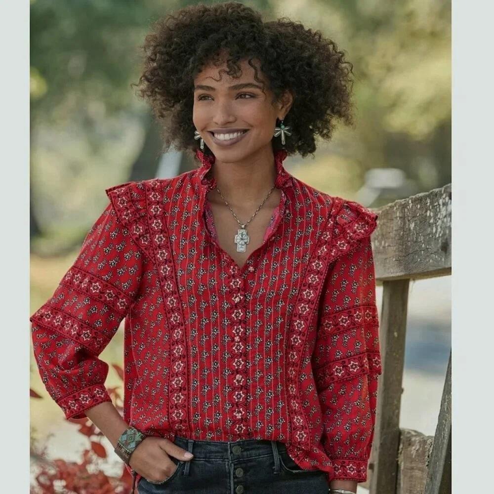 Sundance Auri Ruffle Cotton Top Red Floral Block Print Boho Button Down Womens